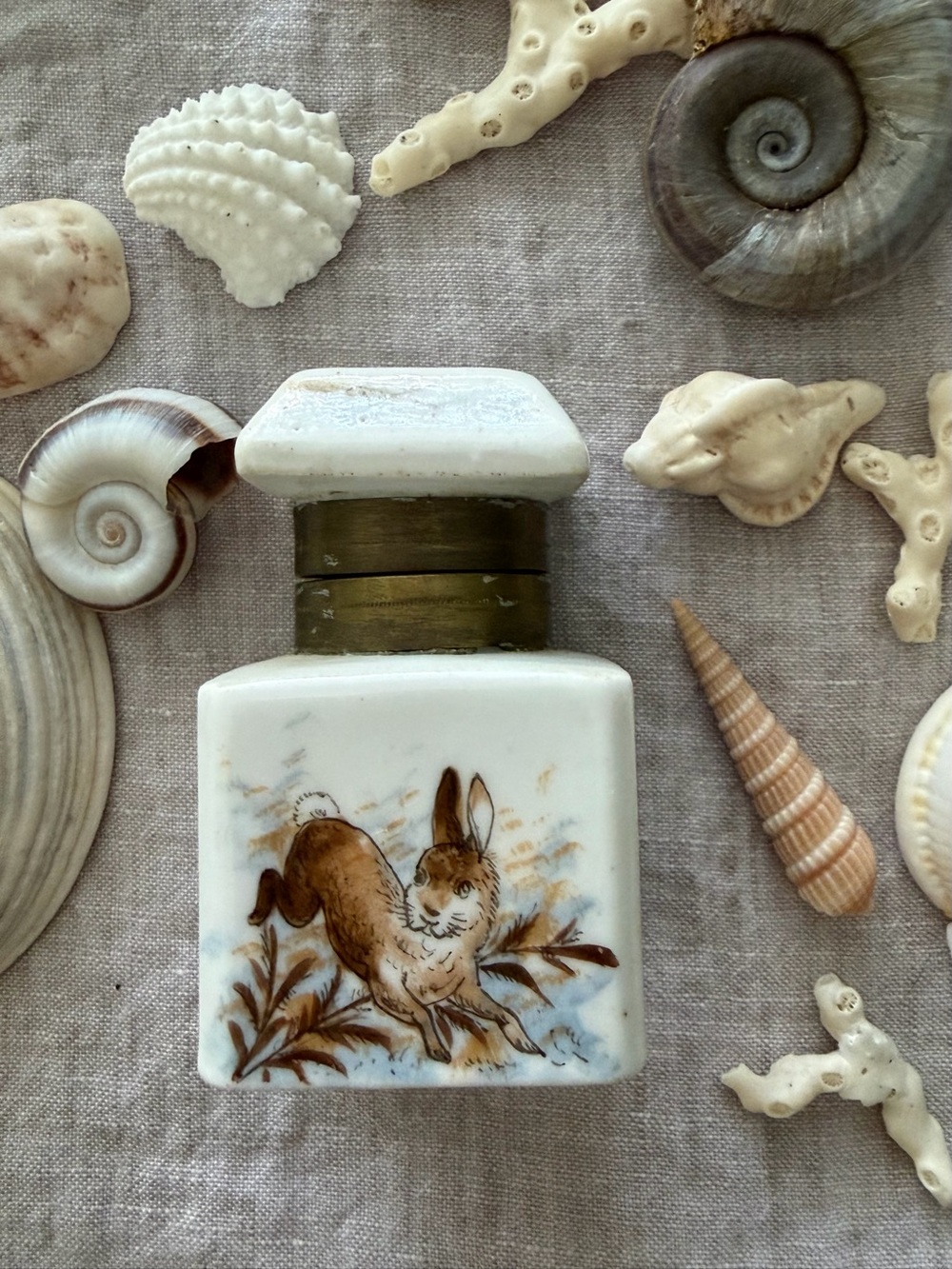 Antique Porcelain or Victorian Style Milk glass Running Hare Inkwell